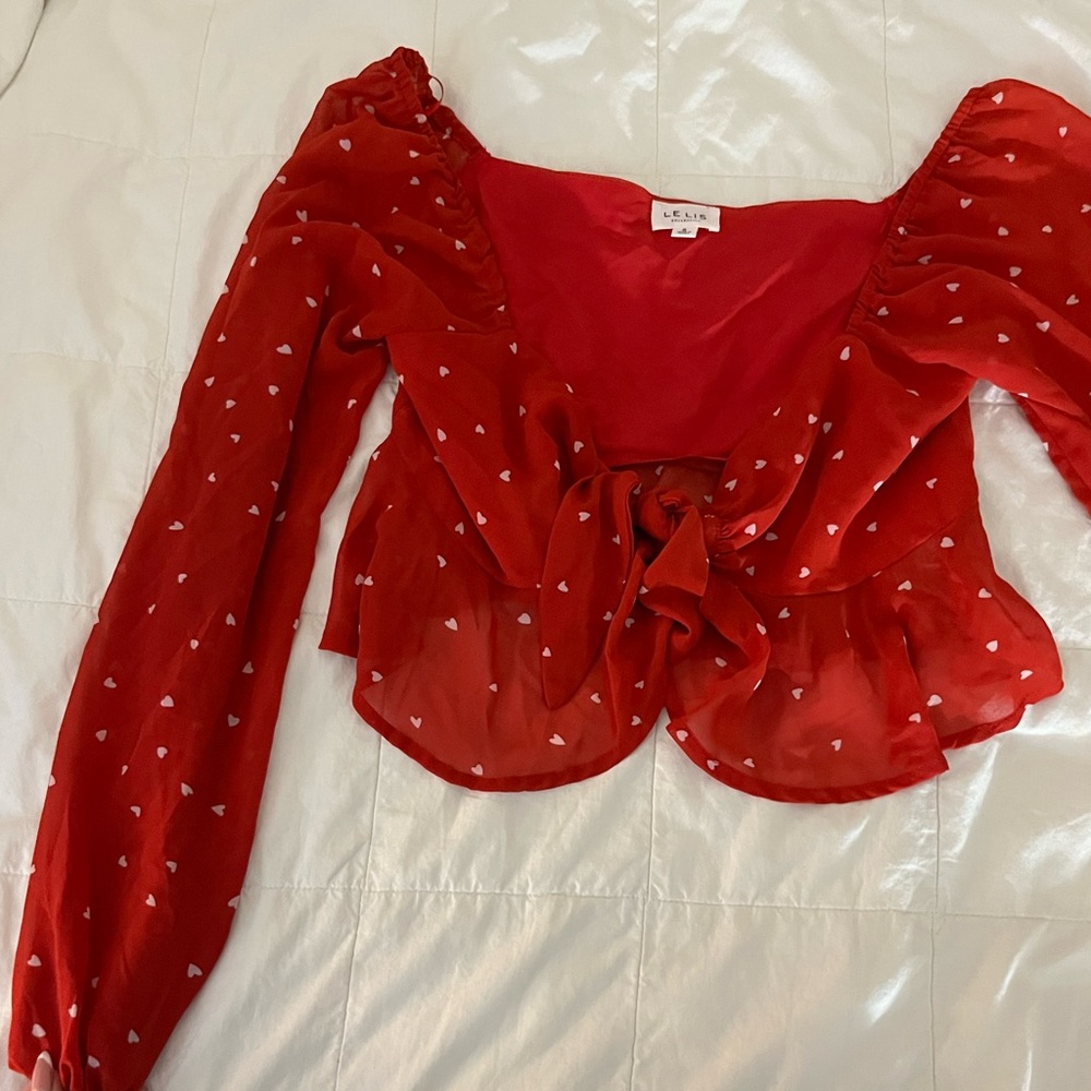 Le Lis Red Heart Print Sheer Blouse